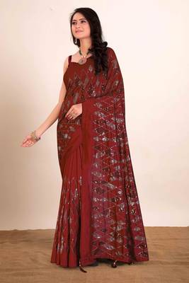 Dark red embroidered faux raw silk saree WITH UN-STITCHED BLOUSE 1