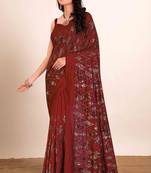 Dark red embroidered faux raw silk saree WITH UN-STITCHED BLOUSE