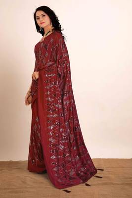 Dark red embroidered faux raw silk saree WITH UN-STITCHED BLOUSE 2