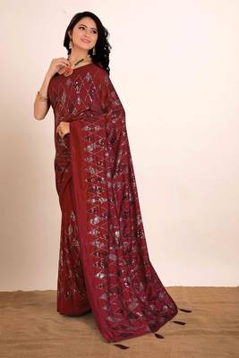 Dark red embroidered faux raw silk saree WITH UN-STITCHED BLOUSE 3