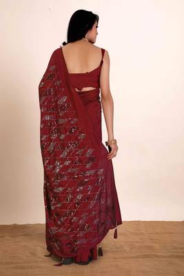 Dark red embroidered faux raw silk saree WITH UN-STITCHED BLOUSE 4