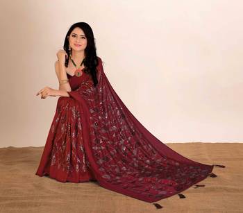 Dark red embroidered faux raw silk saree WITH UN-STITCHED BLOUSE 5