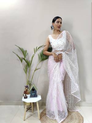 Baby Pink Colour Net Embroidery Saree WITH UN-STITCHED BLOUSE 3