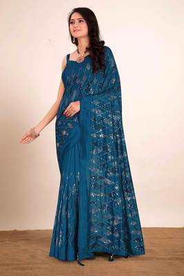 Cobalt blue embroidered faux raw silk saree WITH UN-STITCHED BLOUSE 1
