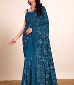 Cobalt blue embroidered faux raw silk saree WITH UN-STITCHED BLOUSE