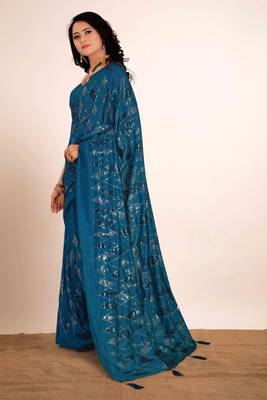 Cobalt blue embroidered faux raw silk saree WITH UN-STITCHED BLOUSE 2
