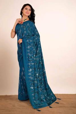 Cobalt blue embroidered faux raw silk saree WITH UN-STITCHED BLOUSE 3