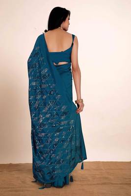 Cobalt blue embroidered faux raw silk saree WITH UN-STITCHED BLOUSE 4