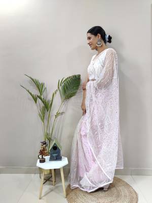 Baby Pink Colour Net Embroidery Saree WITH UN-STITCHED BLOUSE 4
