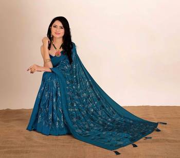 Cobalt blue embroidered faux raw silk saree WITH UN-STITCHED BLOUSE 5
