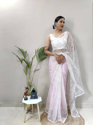 Baby Pink Colour Net Embroidery Saree WITH UN-STITCHED BLOUSE 5