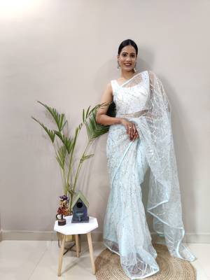 Light sky blue embroidered net saree WITH UN-STITCHED BLOUSE 1