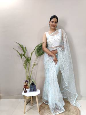 Light sky blue embroidered net saree WITH UN-STITCHED BLOUSE 4