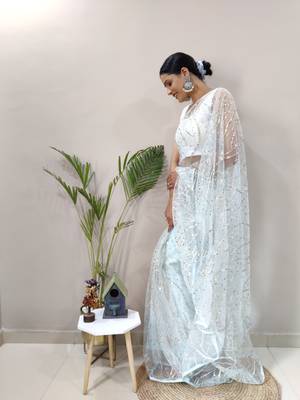 Light sky blue embroidered net saree WITH UN-STITCHED BLOUSE 5