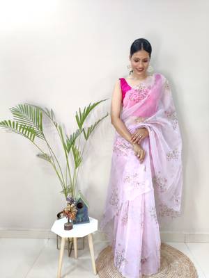 Light pink embroidered organza saree with blouse 1