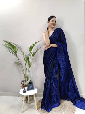 Dark blue plain lycra saree WITH UN-STITCHED BLOUSE 1