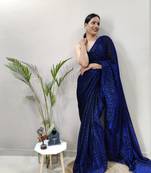 Dark blue plain lycra saree WITH UN-STITCHED BLOUSE