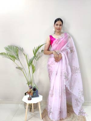 Light pink embroidered organza saree with blouse 3