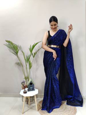 Dark blue plain lycra saree WITH UN-STITCHED BLOUSE 3