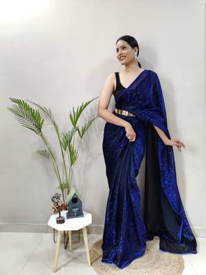 Dark blue plain lycra saree WITH UN-STITCHED BLOUSE 4