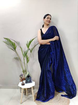 Dark blue plain lycra saree WITH UN-STITCHED BLOUSE 5