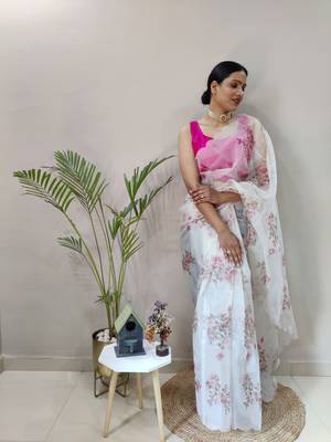 Light cream embroidered organza saree with blouse 2