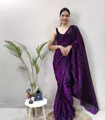 Dark rani pink plain pre-stitched readymade lycra saree WITH UN-STITCHED BLOUSE