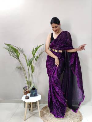 Dark rani pink plain pre-stitched readymade lycra saree WITH UN-STITCHED BLOUSE 4