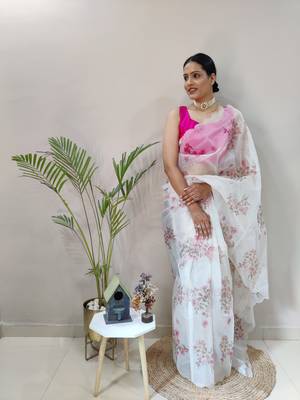 Light cream embroidered organza saree with blouse 4