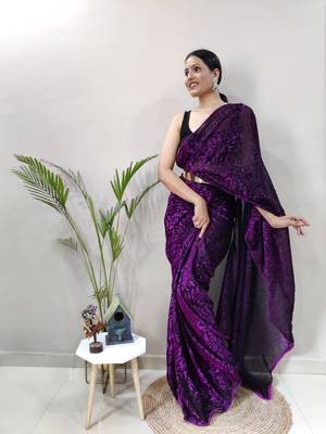 Dark rani pink plain pre-stitched readymade lycra saree WITH UN-STITCHED BLOUSE 5
