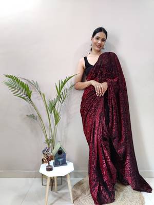 Dark maroon plain pre-stitched ready to wear lycra saree WITH UN-STITCHED BLOUSE 1