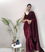 Dark maroon plain pre-stitched ready to wear lycra saree WITH UN-STITCHED BLOUSE