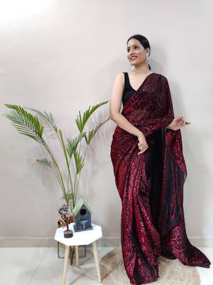 Dark maroon plain pre-stitched ready to wear lycra saree WITH UN-STITCHED BLOUSE 3