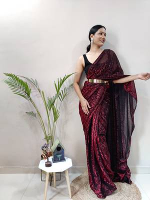 Dark maroon plain pre-stitched ready to wear lycra saree WITH UN-STITCHED BLOUSE 4