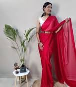 Light red plain faux shimmer saree with blouse