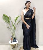 Dark black plain faux shimmer saree with blouse