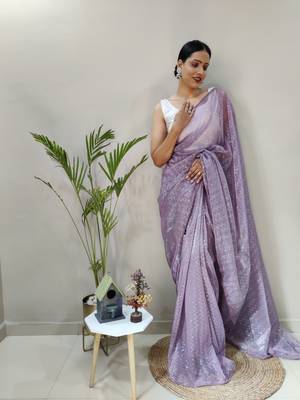 Dark lavender plain lycra saree with blouse 3