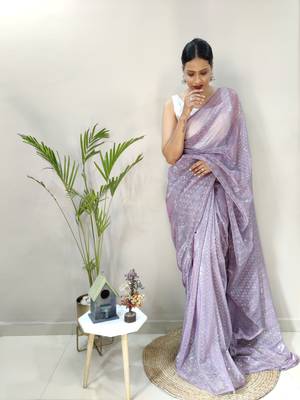 Dark lavender plain lycra saree with blouse 4