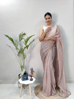 Dark peach plain lycra saree with blouse 1