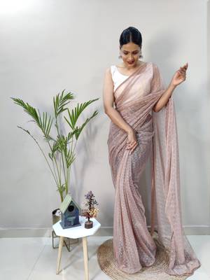 Dark peach plain lycra saree with blouse 2