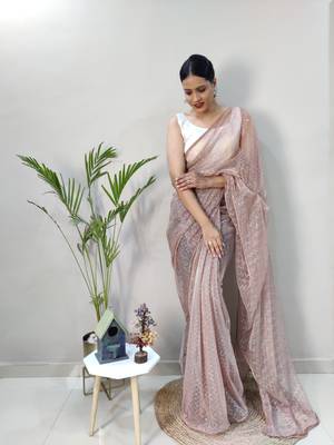 Dark peach plain lycra saree with blouse 3