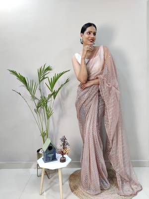Dark peach plain lycra saree with blouse 4