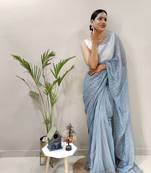 Dark sky blue plain readymade pre-stitched lycra saree with blouse