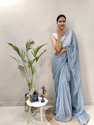 Dark sky blue plain readymade pre-stitched lycra saree with blouse 3