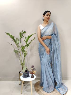 Dark sky blue plain readymade pre-stitched lycra saree with blouse 4