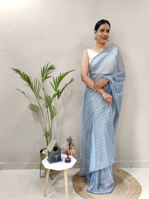 Dark sky blue plain readymade pre-stitched lycra saree with blouse 5
