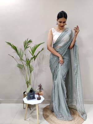 Dark green plain readymade pre-stitched lycra saree dress with blouse 1