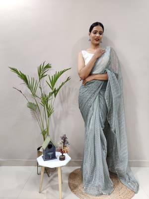 Dark green plain readymade pre-stitched lycra saree dress with blouse 3