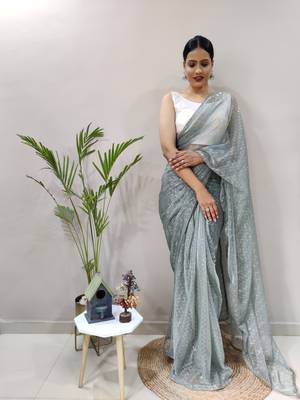 Dark green plain readymade pre-stitched lycra saree dress with blouse 4