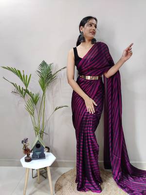 Dark rani pink plain pre-stitched ready to wear art silk saree with blouse 1